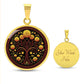 an elegant gold pendant Marigold Celtic Tree of Life Necklace. The Colors are yellow, green, brown and black. This jewelry offers personalization with an engraving option for a name.
