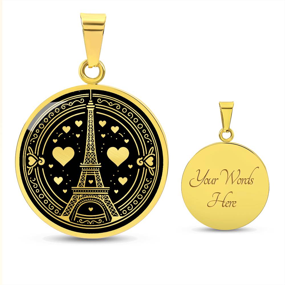 An Elegant gold pendant featuring a Valentines Design with a vivid Gold Eiffel Tower Necklace, set against a gold and black backdrop. This jewelry offers personalization with an engraving option for a name.