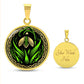 Elegant gold pendant featuring a vivid Snowdrop Birth Flower Necklace, January birth month flower, set against a Green & Black backdrop with a Celtic border. This jewelry offers personalization with an engraving option for a name.
