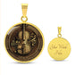 An elegant gold pendant Violet Necklace. The colors are brown, black and tan. This jewelry offers personalization with an engraving option for a name.