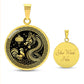 An Elegant gold pendant featuring a Year of the Rooster and Year of The Dragon Necklace in gold and black. This jewelry offers personalization with an engraving option for a name.