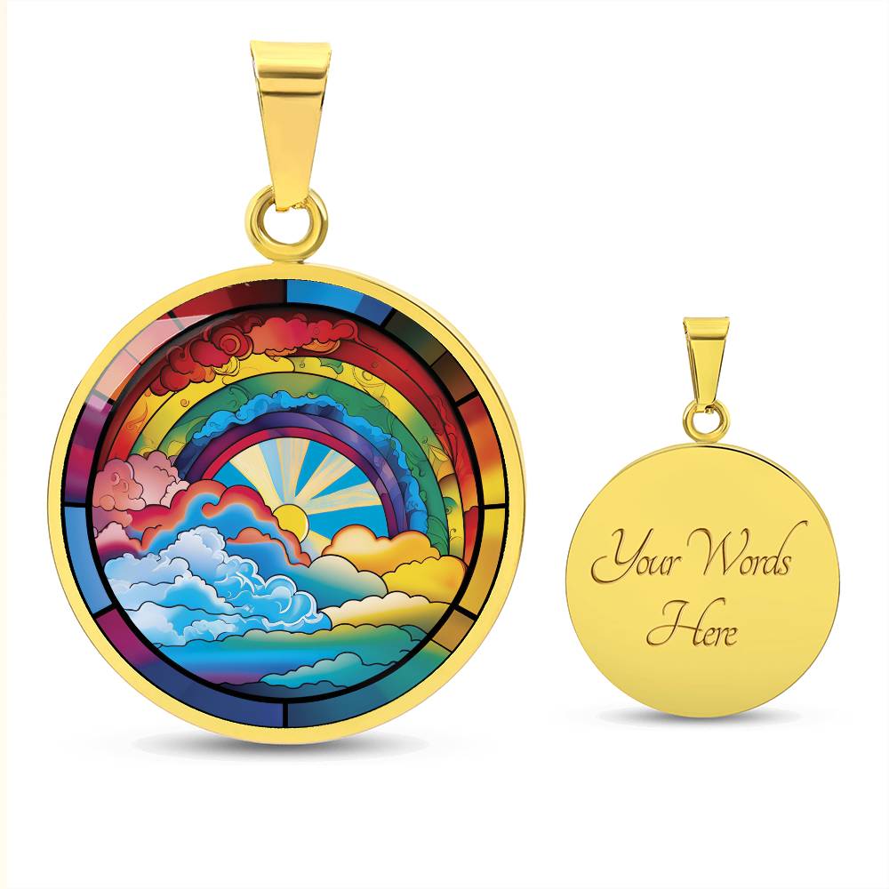 an elegant gold pendant Lucky Rainbow Necklace. The colors are all the colors of the rainbow. This jewelry offers personalization with an engraving option for a name.