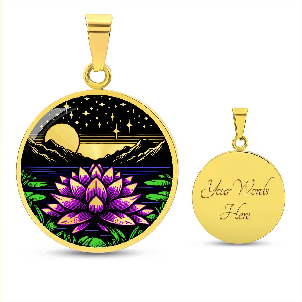 An Elegant gold pendant Water Lily Necklace featuring Mountains, Stars, Yellow outline Sun, Green grass Lily Pads, Blue Water, Pink lily, black and gold Background. This jewelry offers personalization engraving option for a name.