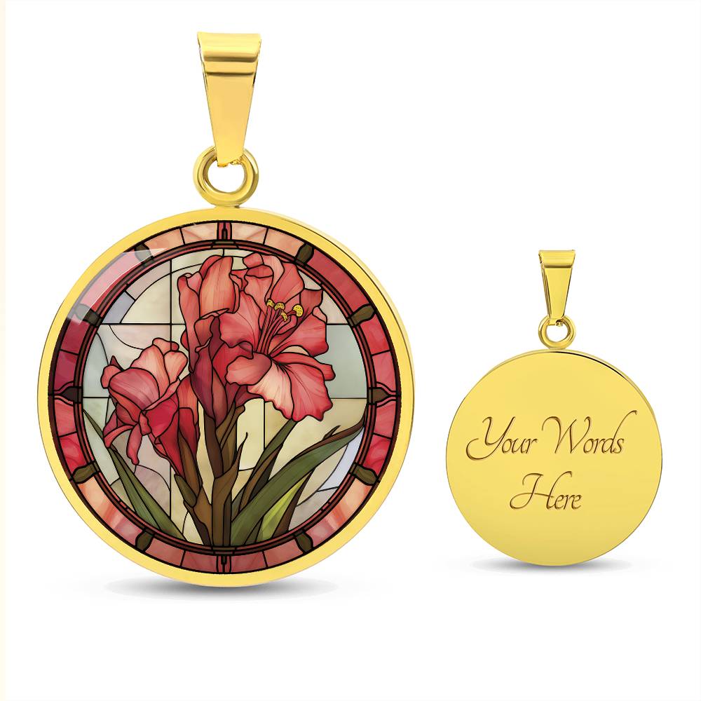 an elegant gold pendant Gladiolus Necklace. The colors are tan/green/blue/purple background, red and pink flowers, green grass, red border. This jewelry offers personalization with an engraving option for a name.