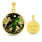 an Elegant gold pendant featuring a vivid Green Turtle Necklace with a moon, Stars, Clouds and Ocean set against a black backdrop. This jewelry offers personalization with an engraving option for a name.