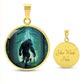 an Elegant gold pendant Bigfoot Necklace. Colors are Green, Brown, Black, Blue and White. This jewelry offers personalization with an engraving option for a name.