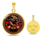 An Elegant gold pendant featuring a Year of the Snake and Year of The Dragon Necklace in red, yellow, gold and black. This jewelry offers personalization with an engraving option for a name.