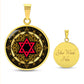 An Elegant gold pendant featuring a Vintage Design with a vivid Red Star of David Necklace, set against a gold and black backdrop. This jewelry offers personalization with an engraving option for a name.