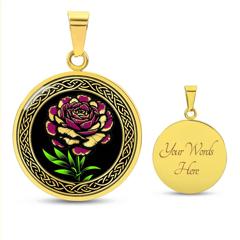 Elegant January gold pendant Celtic Carnation Birth Flower necklace featuring a vivid pink, green and gold flower, set against a black backdrop. This jewelry offers personalization with an engraving option for a name.