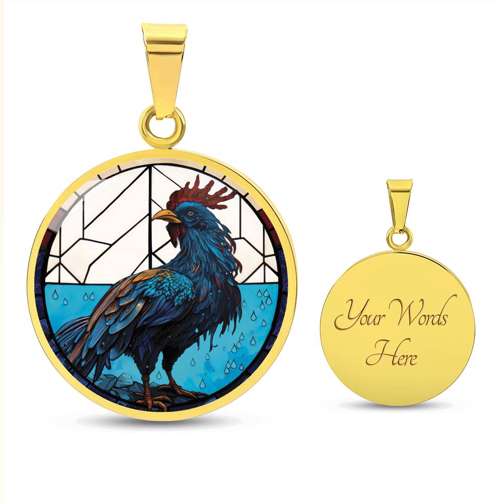 An Elegant gold pendant featuring a Chinese Zodiac Rooster Necklace. The colors are blue, white, tan, red, yellow, brown. This jewelry offers personalization with an engraving option for a name.