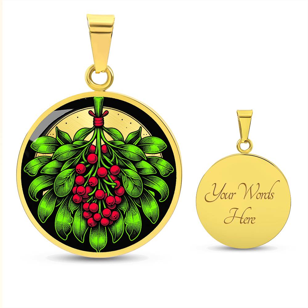 Elegant gold pendant necklace featuring a vivid Mistletoe with red berries set against a gold & black backdrop. This necklace offers personalization with an engraving option for a name.