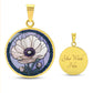 an Elegant gold pendant Anemone Necklace. The Colors are Purple Gray, Dark Green. This jewelry offers personalization with an engraving option for a name.