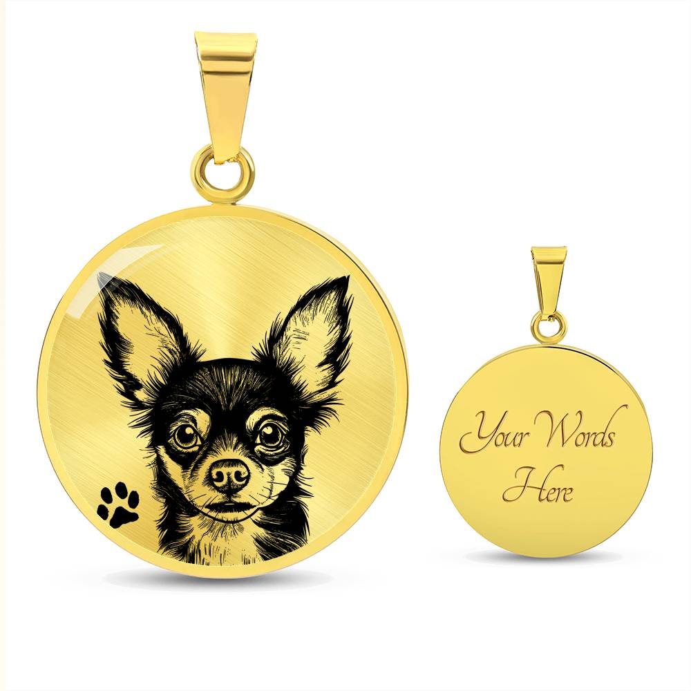 An Elegant gold pendant Chihuahua Dog Necklace. The Chihuahua Design is in Gold and Black with a black paw print. This jewelry offers personalization with an engraving option for a name.