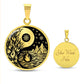 An Elegant gold pendant featuring a vivid Gold Fire, Water, snowflakes and Icebergs. set against a Black backdrop. This jewelry offers personalization with an engraving option for a name.