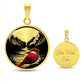 An elegant gold pendant Red Cardinal Necklace. The colors are gold, red and black. This jewelry offers personalization with an engraving option for a name.