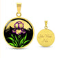 Februarys birth month flower Elegant gold pendant featuring a vivid Purple Iris Necklace set against a Green Grass, Gold sun and mountains background. This necklace offers personalization option for a name.