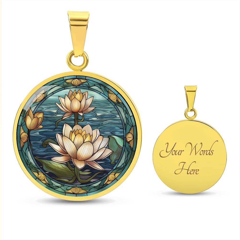 an elegant gold pendant Water Lily Necklace. The colors are Green Leaves, Blue Water and Tan Flowers. This jewelry offers personalization with an engraving option for a name.