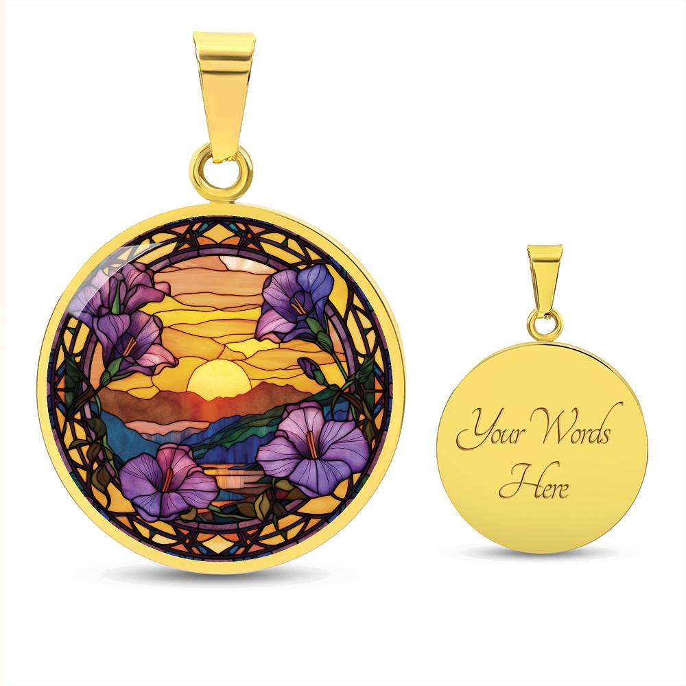 an elegant gold pendant Morning Glory Necklace. The colors are purple flowers, blue/green/purple hills, Brown mountains, Yellow sun and sky. This jewelry offers personalization with an engraving option for a name.