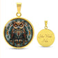 An elegant gold pendant featuring a Celtic Owl Necklace, set against a Green and orange backdrop. This jewelry offers personalization with an engraving option for a name.