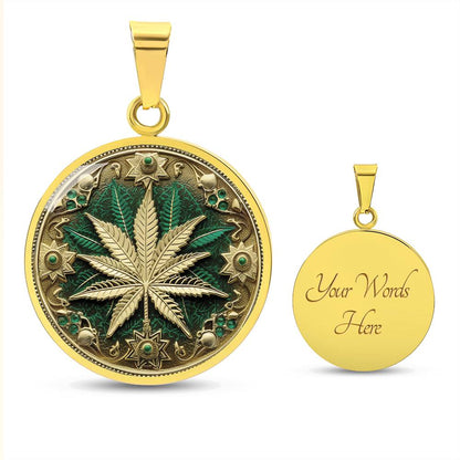 an Elegant gold pendant Weed Leaf necklace featuring a Green and Gold Marijuana Leaf. This jewelry offers personalization with an engraving option for a name.