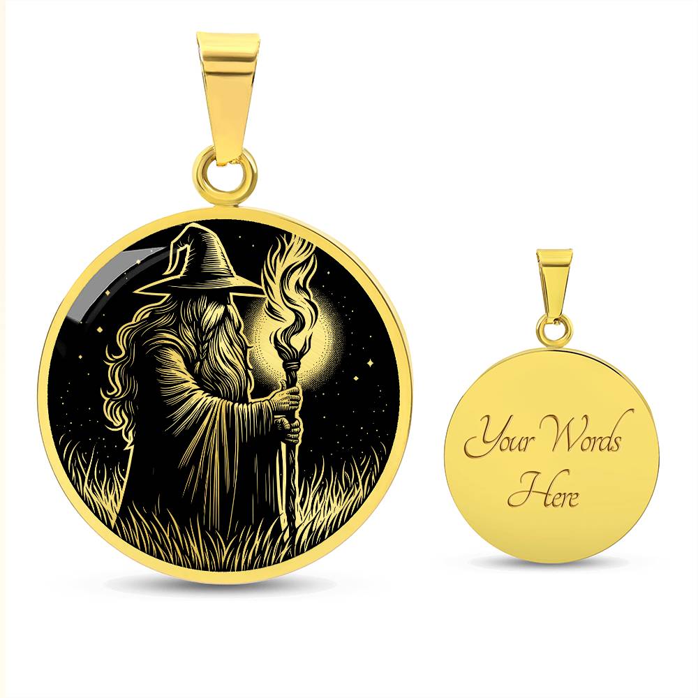 An Elegant gold pendant featuring a Fantasy Wizard Necklace in gold and black. This jewelry offers personalization with an engraving option for a name.