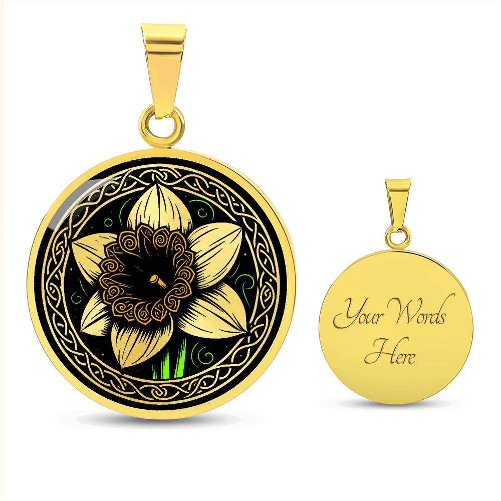 Elegant gold pendant featuring a vivid Yellow Daffodil Birth Flower Necklace, March birth month flower, set against a Green & Black backdrop with a Celtic border. Personalization with an engraving option for a name.