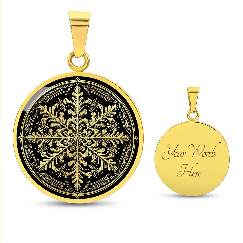 Elegant gold pendant necklace featuring a vivid Gold Snowflake , set against a Black backdrop. This necklace offers personalization with an engraving option for a name.