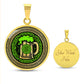 Elegant Gold pendant featuring a vivid Green Celtic Knots Necklace with a Green Beer Stein , set against a Black & gold backdrop. This jewelry offers personalization with an engraving option for a name.