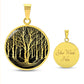 An Elegant gold pendant featuring a vivid gold Birch Tree Necklace, set against a Black backdrop. This jewelry offers personalization with an engraving option for a name.