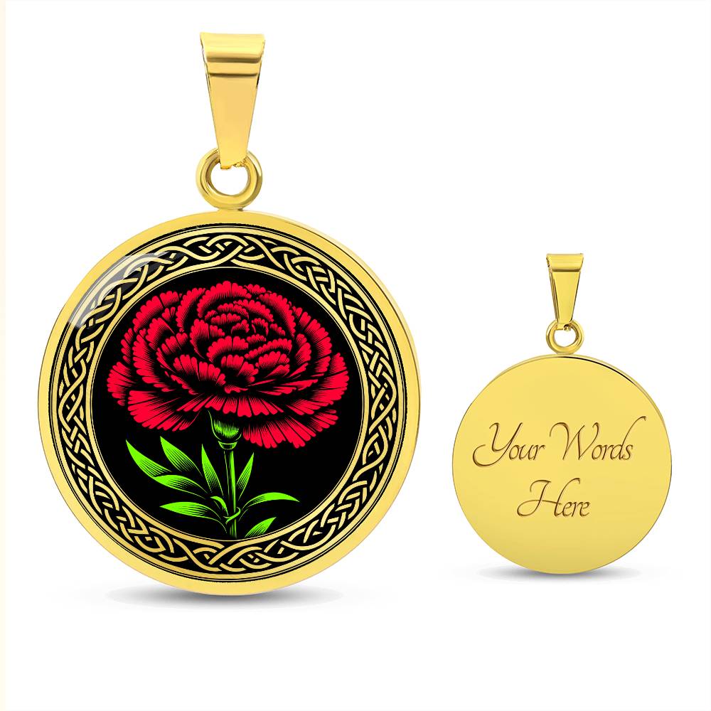 Elegant January gold pendant Celtic Carnation Birth Flower necklace featuring a vivid red, green flower, set against a gold & black backdrop. This jewelry offers personalization with an engraving option for a name.