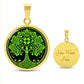 Elegant Gold pendant featuring a vivid Green Celtic four leaf Clover Tree of Life Necklace, set against a Black & gold backdrop. This jewelry offers personalization with an engraving option for a name.