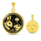 An Elegant gold pendant featuring a Year of the Rat and Year of The Rabbit Necklace in gold and black. This jewelry offers personalization with an engraving option for a name.