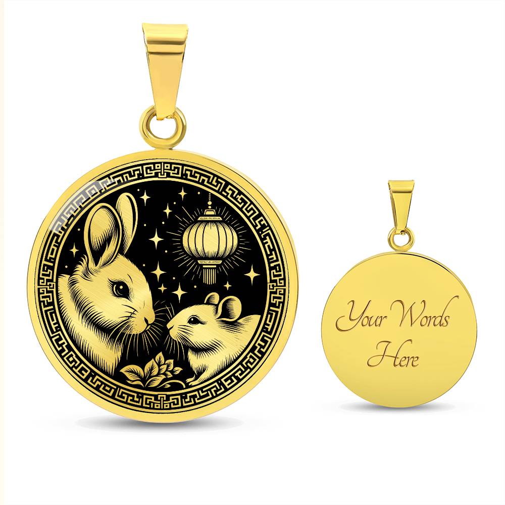 An Elegant gold pendant featuring a Year of the Rat and Year of The Rabbit Necklace in gold and black. This jewelry offers personalization with an engraving option for a name.