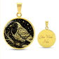 An elegant gold pendant Crow Necklace. The colors are gold and black. This jewelry offers personalization with an engraving option for a name.