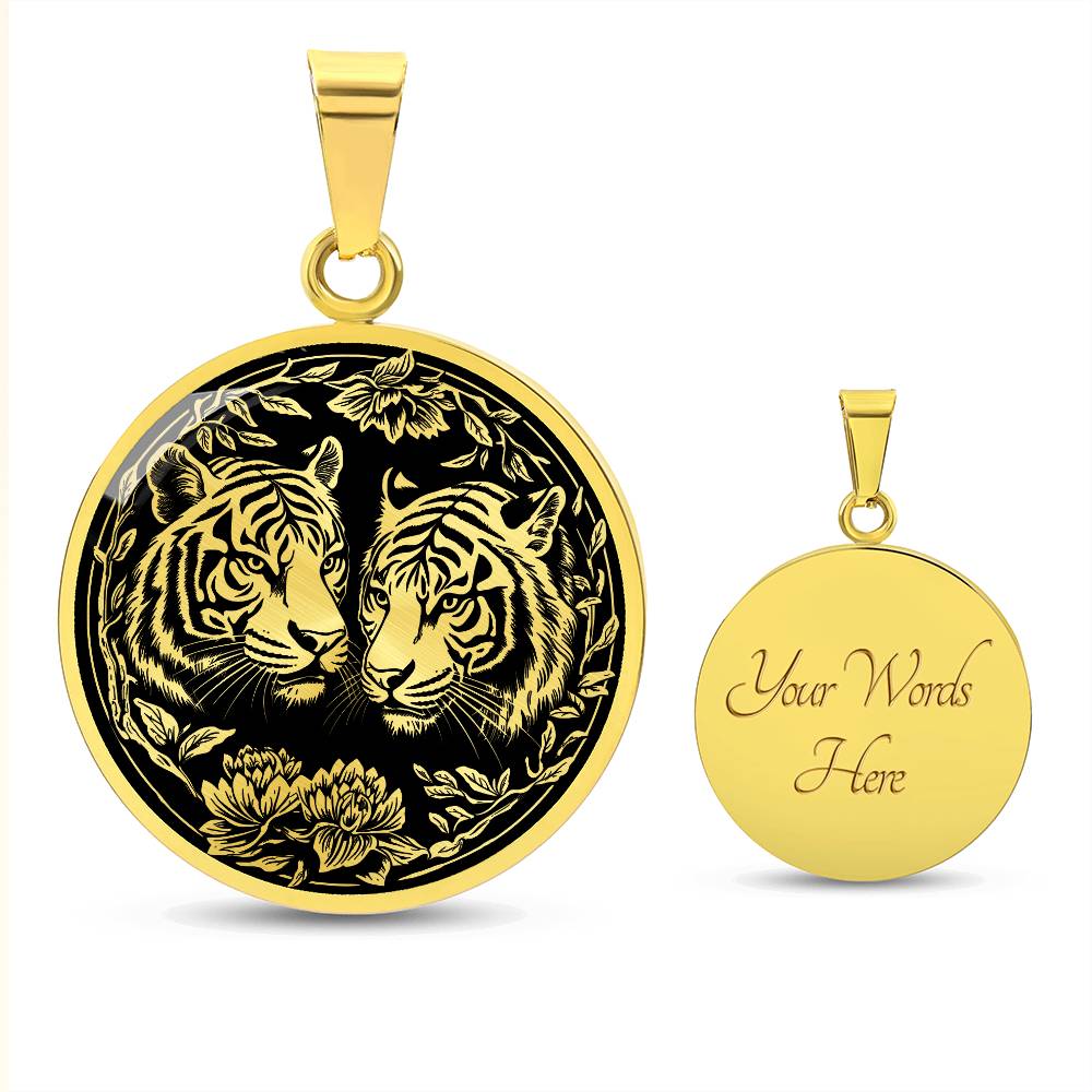 An elegant gold pendant Year of the Tiger Necklace. The colors are gold and black. This jewelry offers personalization with an engraving option for a name.