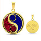 Elegant gold pendant featuring a vivid Fire red & Water blue Celtic Yin Yang Necklace set against a Gold & Black backdrop. This jewelry offers personalization with an engraving option for a name.