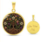 An elegant gold pendant Honeysuckle Celtic Tree of Life Necklace. The Colors are yellow, white, pink, purple, green, brown and black. This jewelry offers personalization with an engraving option for a name.