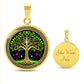 an Elegant gold pendant Tree of Life necklace featuring a vivid Celtic Green and gold tree, set against a black backdrop with red,blue,purple,orange gems. This jewelry offers personalization with an engraving option for a name.