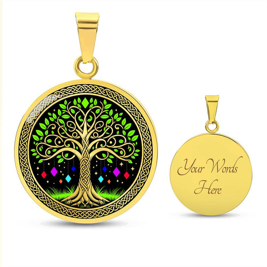 an Elegant gold pendant Tree of Life necklace featuring a vivid Celtic Green and gold tree, set against a black backdrop with red,blue,purple,orange gems. This jewelry offers personalization with an engraving option for a name.