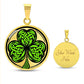 Elegant gold pendant necklace featuring a vivid Green Celtic Clover set against a Gold & black backdrop. This necklace offers personalization with an engraving option for a name.