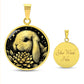 an Elegant gold pendant Water Lily Bunny necklace. Colors are gold with a black background. This jewelry offers personalization with an engraving option for a name.