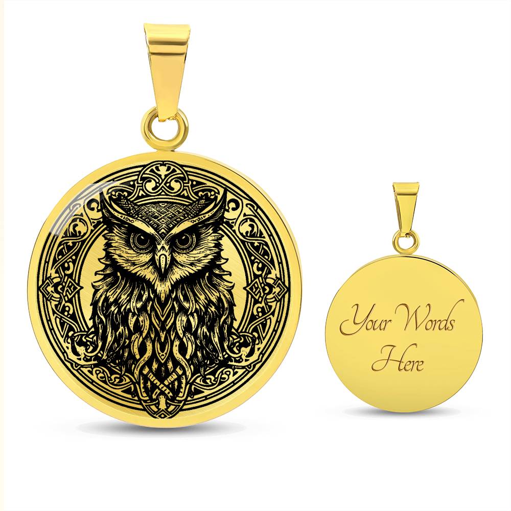 an Elegant gold pendant Celtic Owl necklace featuring a vivid Celtic black owl inside a circle frame with a gold backdrop. This jewelry offers personalization with an engraving option for a name.