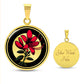 Elegant gold pendant featuring a vivid red honeysuckle, Junes birth month flower, set against a subtle tan backdrop. This necklace offers personalization with an engraving option for a name.