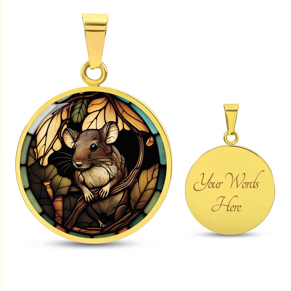 an Elegant gold pendant Rat necklace. Brown Rat, Brown Twigs, yellow and green leaves, blue, orange and green border. This jewelry offers personalization with an engraving option for a name.