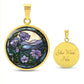 Gold Pendant Purple Morning Glory necklace, With green grass, a Yellow sky and purple mountains, Blue Lake, Muti Colored Border. This necklace offers personalization option for a name.
