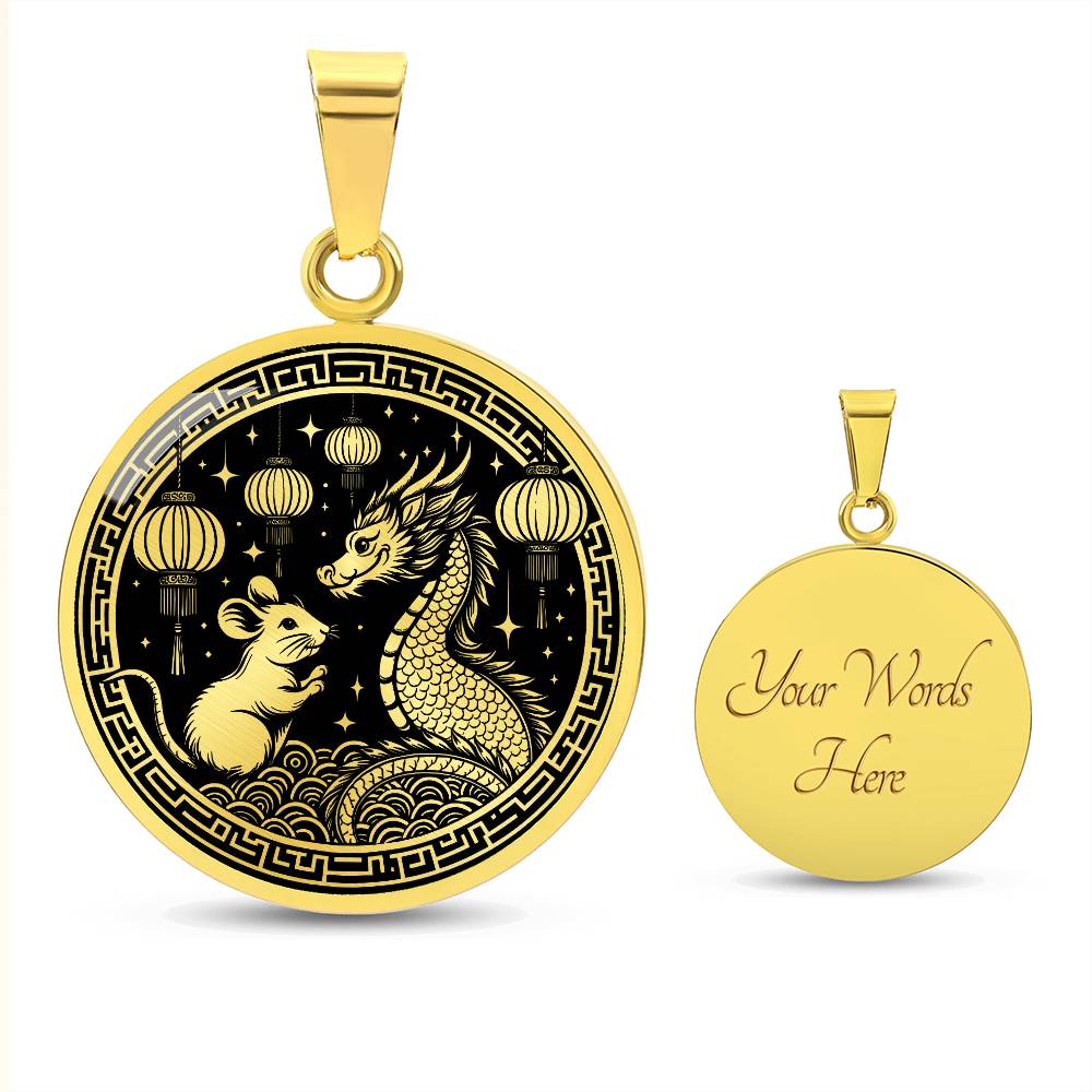 An Elegant gold pendant featuring a Year of the Rat and Year of The Dragon Necklace in gold and black. This jewelry offers personalization with an engraving option for a name.