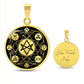 an Elegant gold Hexagram Gothic Necklace with the symbols Earth, Fire, Water, Air, God, Goddess, Unicursal, Triskelion and Triquetra, in Black and Gold backdrop. This jewelry offers personalization with an engraving option for a name.