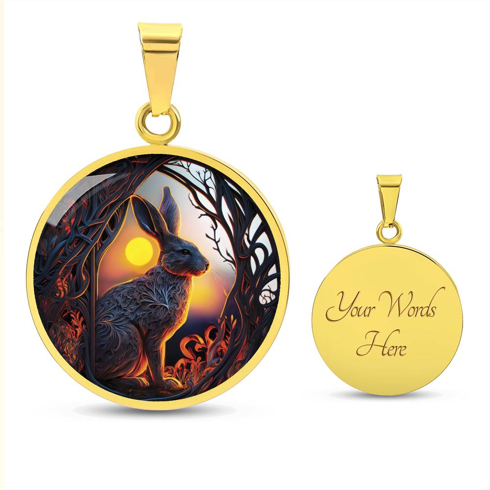 an Elegant gold pendant Easter Bunny necklace featuring yellow sun, brown trees, brown rabbit, blue and white sky. This jewelry offers personalization with an engraving option for a name.