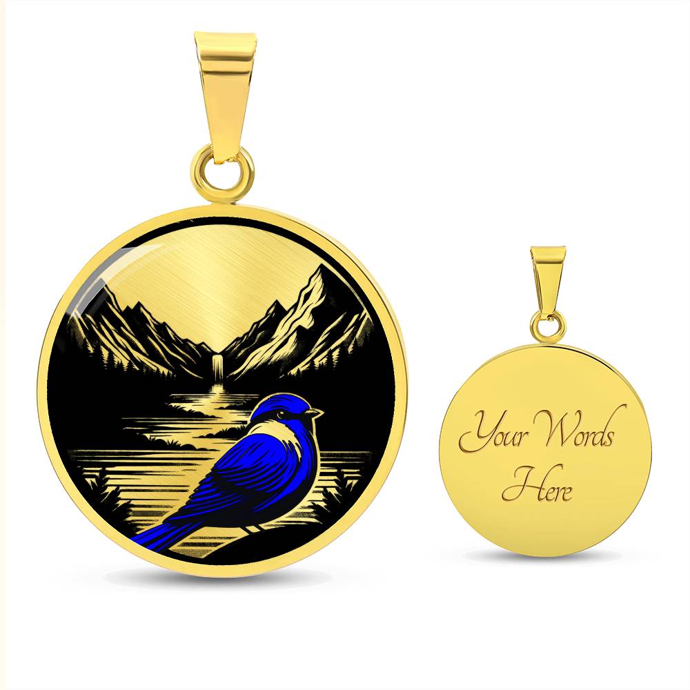 Bluebird Necklace, Golden Bird Jewelry Gifts For Her or Him, Idaho State Bird Glass Pendant Necklace, Engraved Nature Custom Charm Necklace