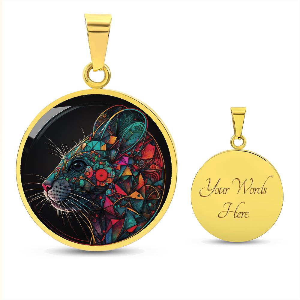 An elegant gold pendant multicolored Chinese Zodiac Rat Necklace. This jewelry offers personalization with an engraving option for a name.